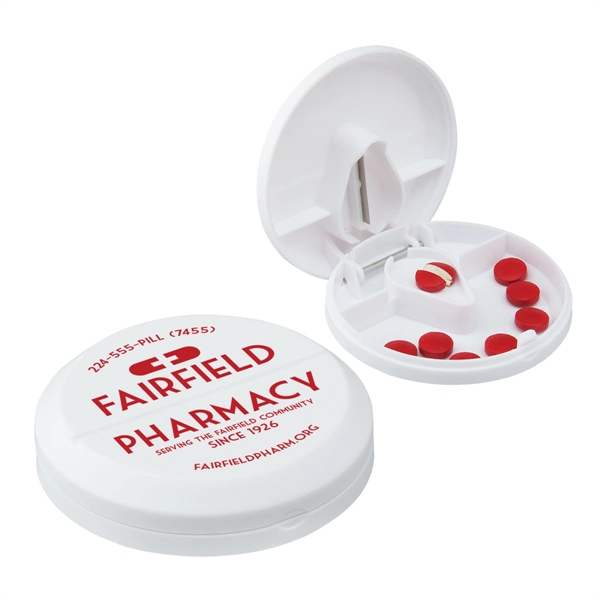 2 3/4" round plastic pill box with built-in pill cutter.... from ASI 62190 Illini