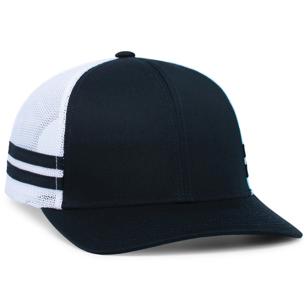 Low-Profile Stripe Trucker Cap with a polyester/cotton blend.... from ASI 37461 Augusta Sportswear / Pacific Headwear