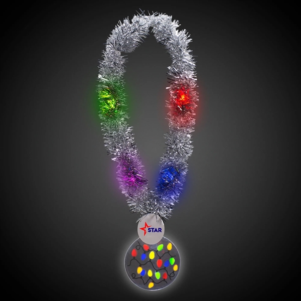 24" silver tinsel necklace with 3.5" medallion and multi-color holiday lights.... from ASI 42016 Brighter Promotions Inc