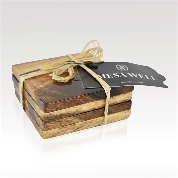 This set of four hardwood and resin coasters are naturally water-resistant... from ASI 93986 Visions/Awardcraft