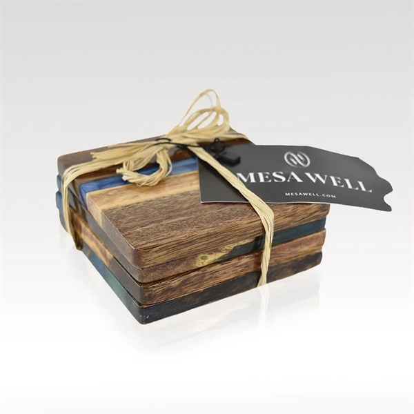 This set of four hardwood and resin coasters are naturally water-resistant... from ASI 93986 Visions/Awardcraft