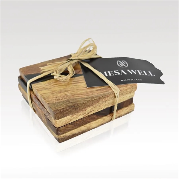 This set of four hardwood and resin coasters are naturally water-resistant... from ASI 93986 Visions/Awardcraft