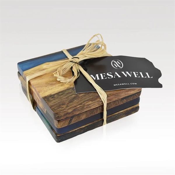 This set of four hardwood and resin coasters are naturally water-resistant... from ASI 93986 Visions/Awardcraft