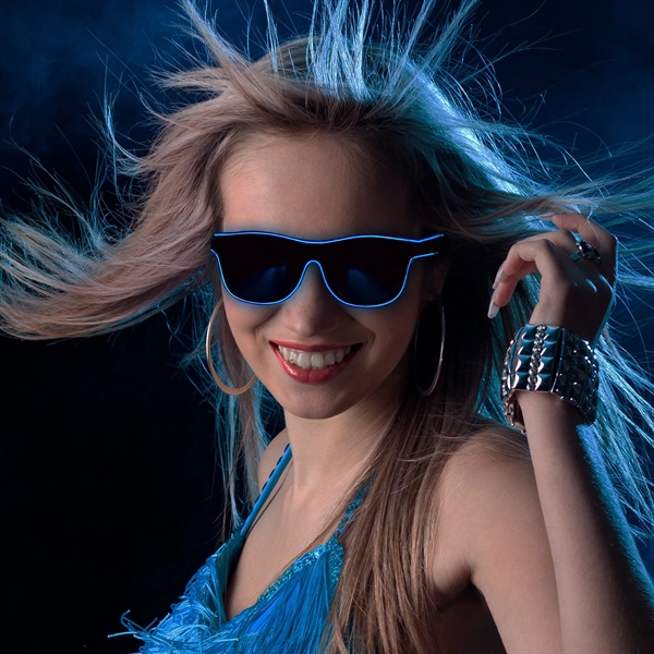 Plastic black frames LED sunglasses with illuminated EL wire accent.... from ASI 42016 Brighter Promotions Inc
