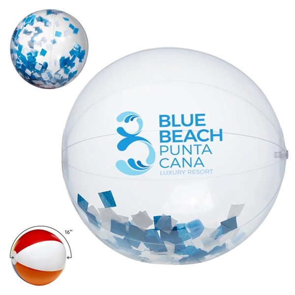 16" clear PVC inflatable beach ball with blue and white confetti... from ASI 63549 Jornik Manufacturing Corp / Jornik