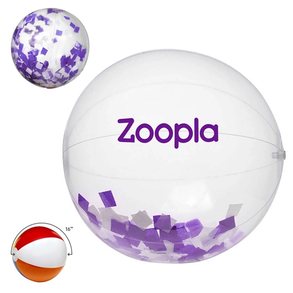16" clear PVC inflatable beach ball with purple and white confetti... from ASI 63549 Jornik Manufacturing Corp / Jornik