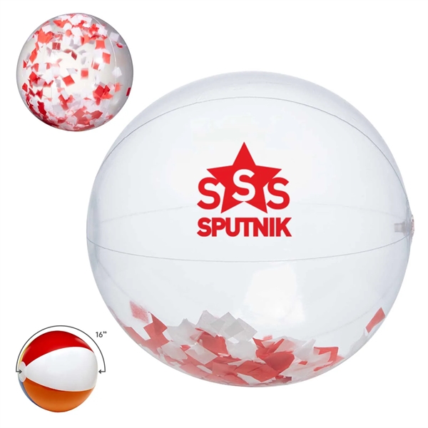 16" clear PVC inflatable beach ball with red and white confetti... from ASI 63549 Jornik Manufacturing Corp / Jornik