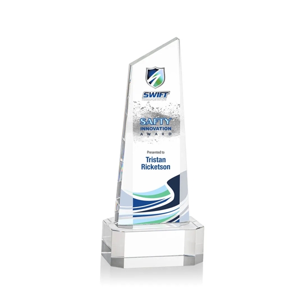 The thick Optical Crystal Belmont Tower VividPrint™ Award features a slanted... from ASI 84592 St Regis Group / St Regis