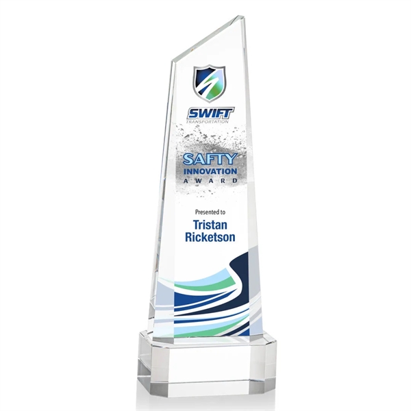 The thick Optical Crystal Belmont Tower VividPrint™ Award features a slanted... from ASI 84592 St Regis Group / St Regis