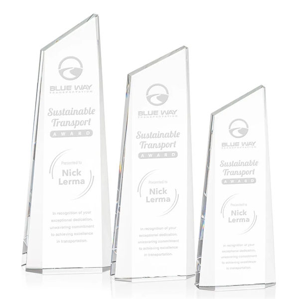 The freestanding thick Optical Crystal Belmont Tower Award features a slanted... from ASI 84592 St Regis Group / St Regis