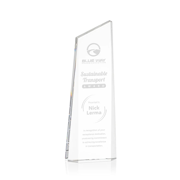 The freestanding thick Optical Crystal Belmont Tower Award features a slanted... from ASI 84592 St Regis Group / St Regis