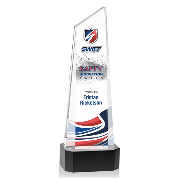 The thick Optical Crystal Belmont Tower VividPrint™ Award features a slanted... from ASI 84592 St Regis Group / St Regis