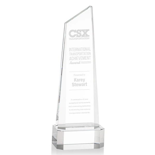 The thick Optical Crystal Belmont Tower Award features a slanted top... from ASI 84592 St Regis Group / St Regis