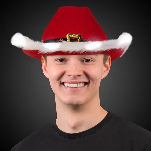 Santa cowboy hat with marabou feather lining, nine LEDs, buckle accent... from ASI 42016 Brighter Promotions Inc