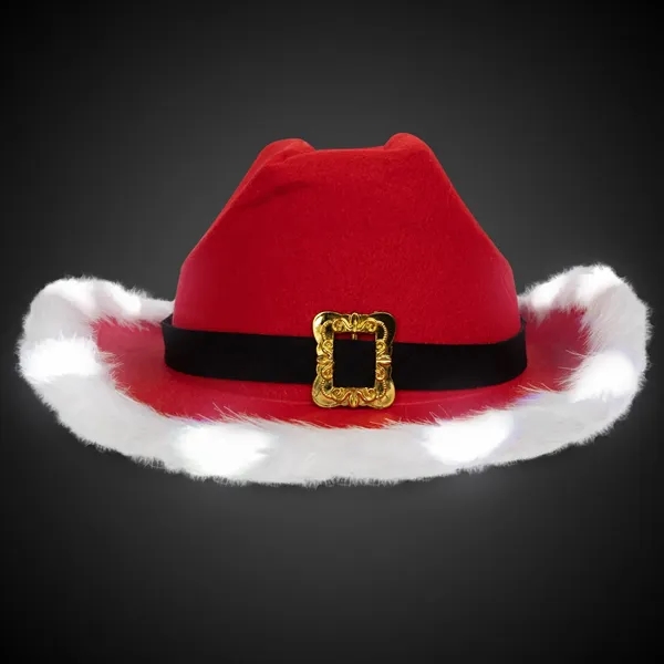 Santa cowboy hat with marabou feather lining, nine LEDs, buckle accent... from ASI 42016 Brighter Promotions Inc