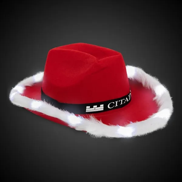 Santa cowboy hat with marabou feather lining, nine LEDs, buckle accent... from ASI 42016 Brighter Promotions Inc