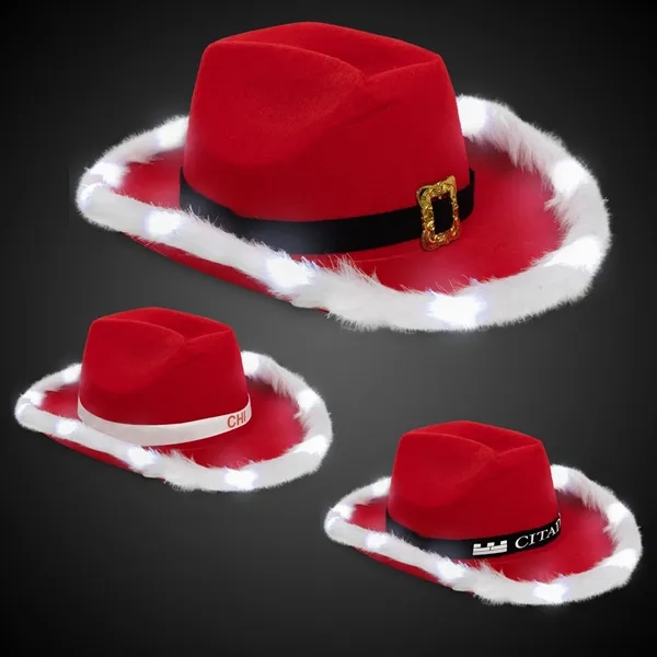 Santa cowboy hat with marabou feather lining, nine LEDs, buckle accent... from ASI 42016 Brighter Promotions Inc