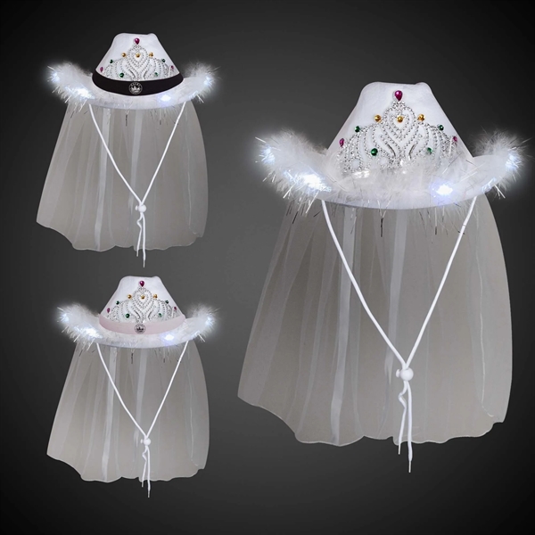 Women's white cowboy hat with LED light up tiara, veil and... from ASI 42016 Brighter Promotions Inc