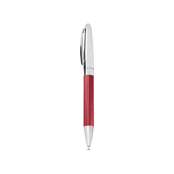 Stainless steel twist-action ballpoint pen with faux leather wrapped body.... from ASI 79530 Prime Line