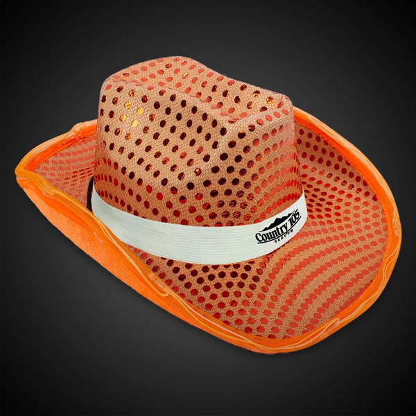 Orange sequined cowboy hat with light up LED feature, chin strap,... from ASI 42016 Brighter Promotions Inc