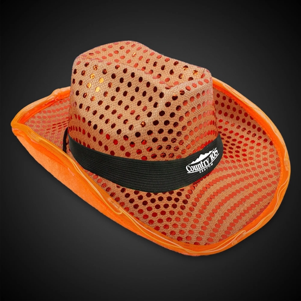 Orange sequined cowboy hat with light up LED feature, chin strap,... from ASI 42016 Brighter Promotions Inc
