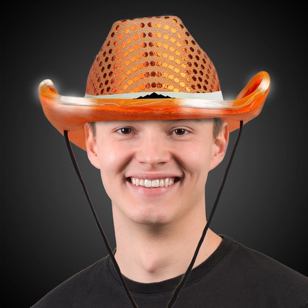 Orange sequined cowboy hat with light up LED feature, chin strap,... from ASI 42016 Brighter Promotions Inc
