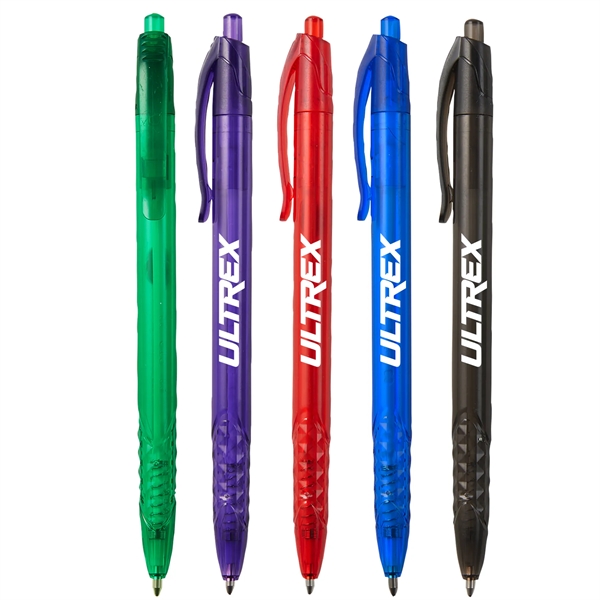 Retractable ballpoint pen with a unique grip pattern and a translucent... from ASI 52840 Evans Manufacturing