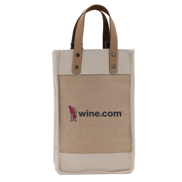 Cotton jute wine cooler bag with insulated inside pockets, leather handles... from ASI 88060 Snugz/USA Inc