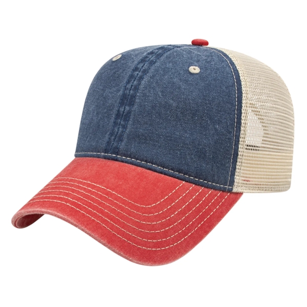 Unstructured washed pigment dyed cotton twill cap with mesh back and... from ASI 43792 Cap America Inc