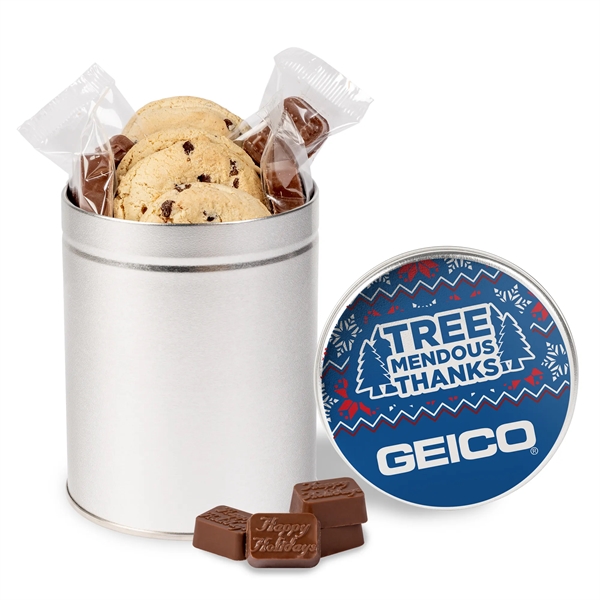 Tin with chocolate chip cookies and molded chocolate... from ASI 44900 NC Custom (CI/Lanco) / Chocolate Inn