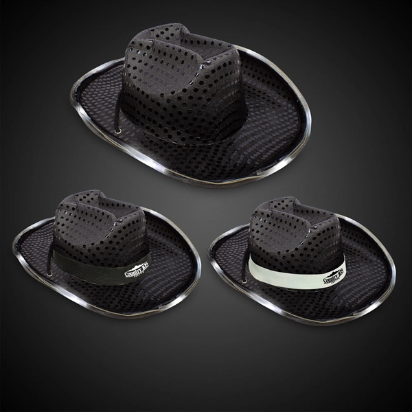 Black sequined cowboy hat with light up LED feature, chin strap,... from ASI 42016 Brighter Promotions Inc
