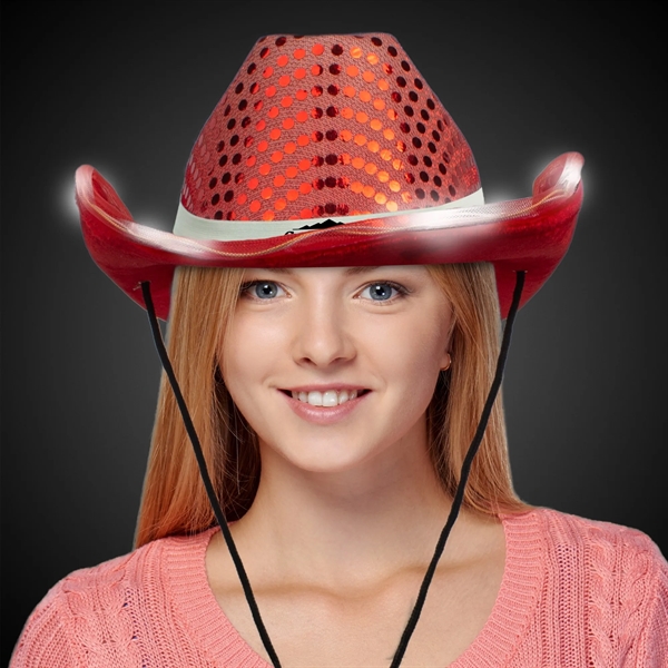 Red sequined cowboy hat with light up LED feature, chin strap,... from ASI 42016 Brighter Promotions Inc