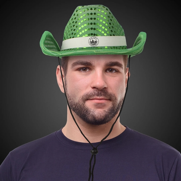 Green sequined cowboy hat with light up LED feature, chin strap,... from ASI 42016 Brighter Promotions Inc