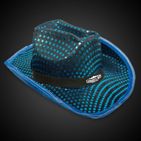 Teal sequined cowboy hat with light up LED feature, chin strap,... from ASI 42016 Brighter Promotions Inc