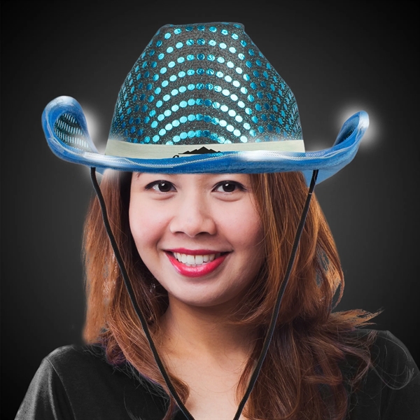 Teal sequined cowboy hat with light up LED feature, chin strap,... from ASI 42016 Brighter Promotions Inc