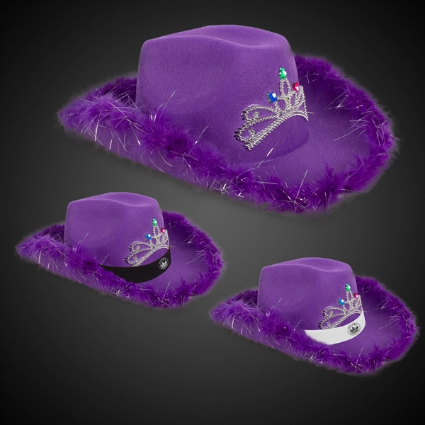 Purple fabric cowboy hat with LED light up action, marabou feather... from ASI 42016 Brighter Promotions Inc