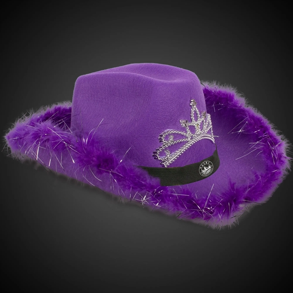Purple fabric cowboy hat with LED light up action, marabou feather... from ASI 42016 Brighter Promotions Inc