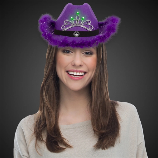 Purple fabric cowboy hat with LED light up action, marabou feather... from ASI 42016 Brighter Promotions Inc