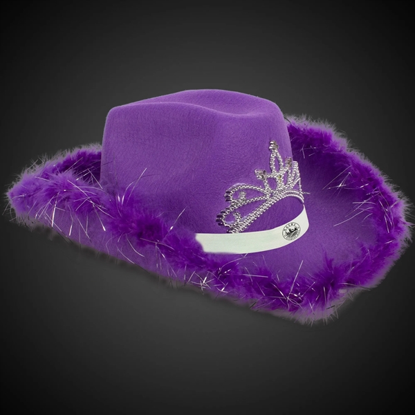 Purple fabric cowboy hat with LED light up action, marabou feather... from ASI 42016 Brighter Promotions Inc