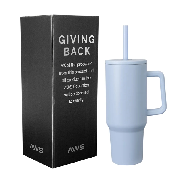 40-ounce tumbler with a handle, double-wall construction, screw-on lid, straw hole... from ASI 61125 Hit Promotional Products
