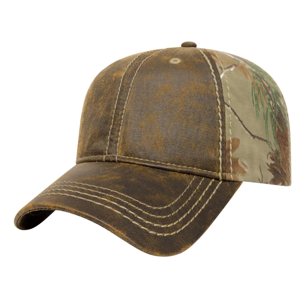 Low profile six panel unstructured polyester cap with faux leather front,... from ASI 43792 Cap America Inc