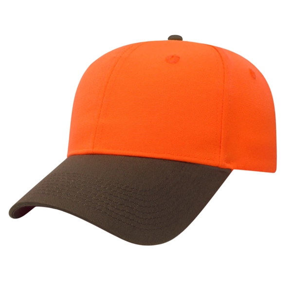 Medium profile six panel structured blaze orange cap with brown visor.... from ASI 43792 Cap America Inc