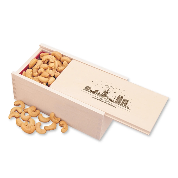 Wooden collector's box filled with extra fancy jumbo cashews.... from ASI 68680 Maple Ridge Farms Inc