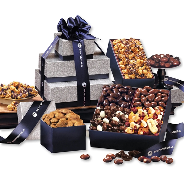 silver & navy tower filled with chocolates, popcorn, and nuts... from ASI 68680 Maple Ridge Farms Inc