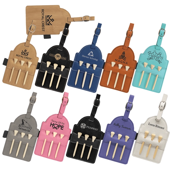 Laserable Leatherette Golf Bag Tag with 3 Wooden Tees... from ASI 72657 Active Life Promo / Active Life Promo Ingrain Promo