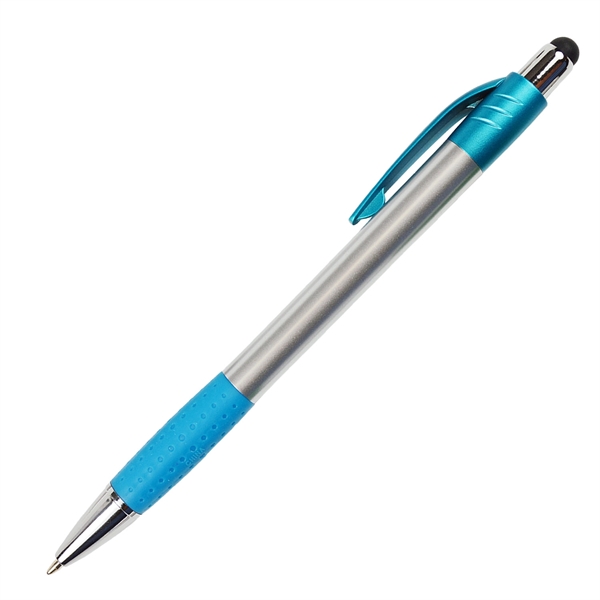 Silver matter click action pen featuring a stylus with rubber grips... from ASI 57956 Graphco line