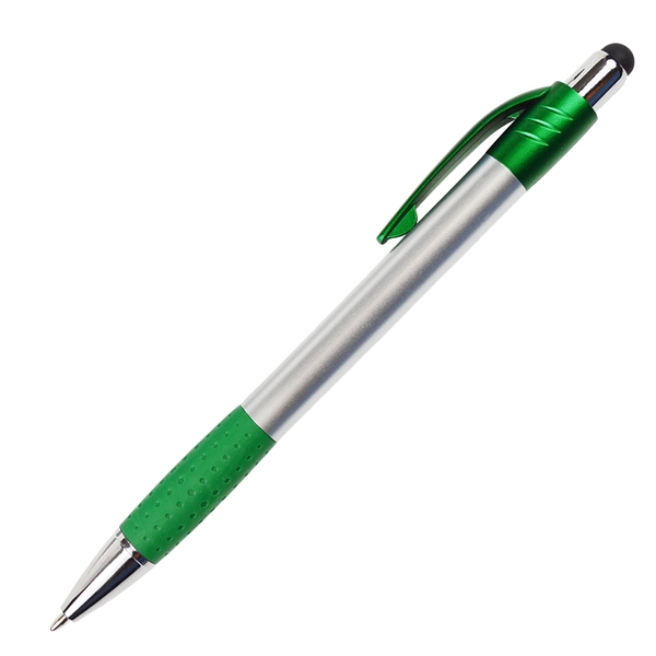Silver matter click action pen featuring a stylus with rubber grips... from ASI 57956 Graphco line