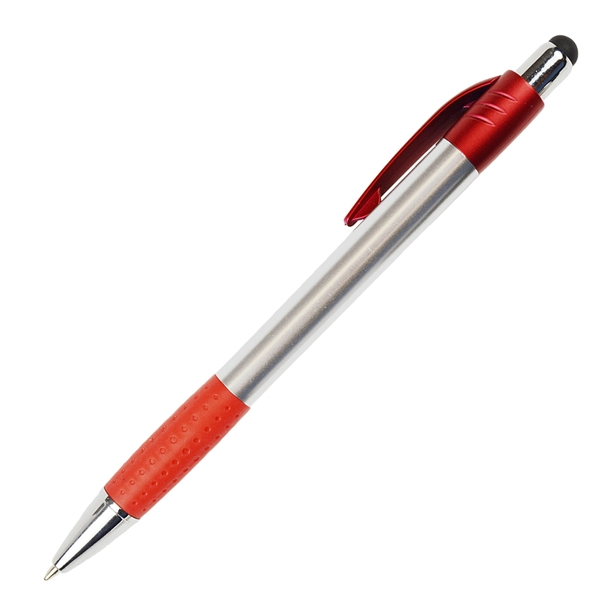 Silver matter click action pen featuring a stylus with rubber grips... from ASI 57956 Graphco line