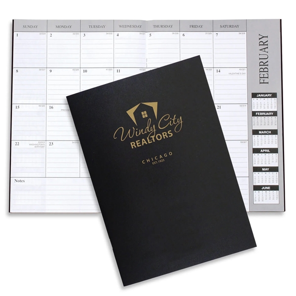 Customizable 10"H x 7"W leatherette 13-month desk planner with 6-month layout.... from ASI 54040 Fey Promo / Fey Calendar Impressions