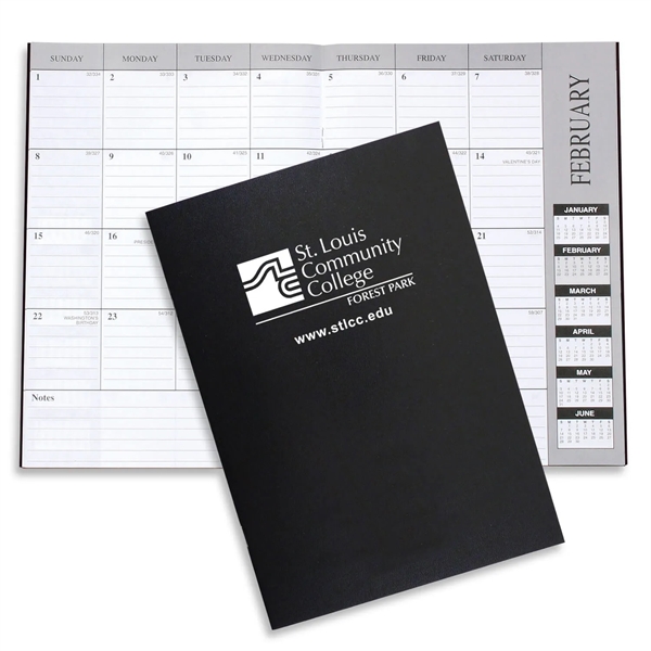 10"H x 7"W leatherette 13-month desk planner with 6-month layout.... from ASI 54040 Fey Promo / Fey Calendar Impressions
